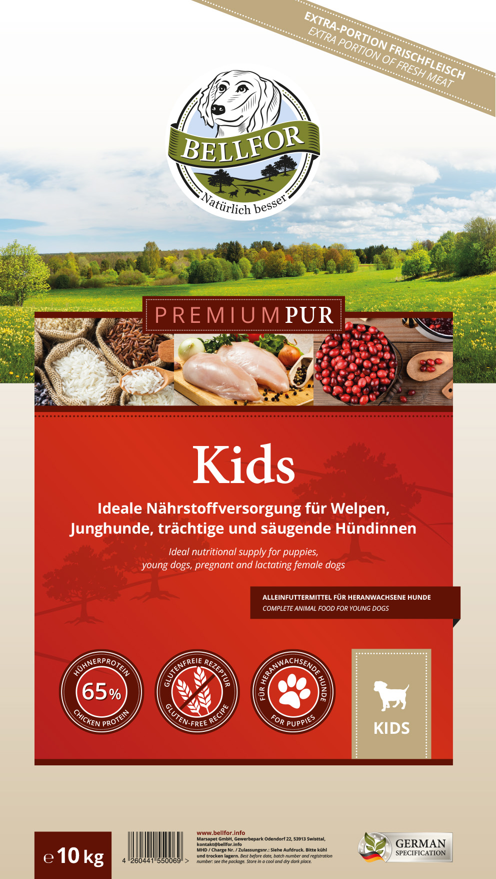 Nourriture sans gluten pour chiots avec de la viande de poulet - premium pur enfants - premium pur kids - 10 kg