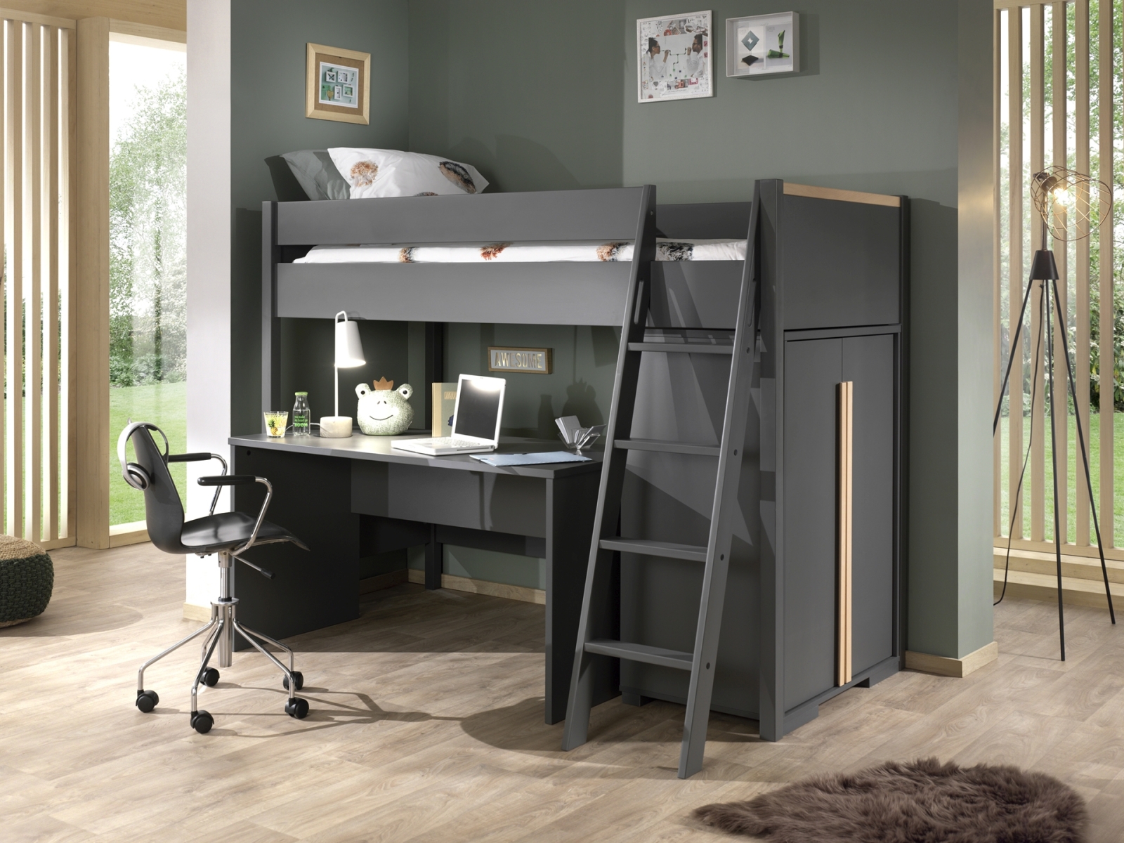 3-teiliges Hochbett-Set LONDON - anthrazit - 90x200 cm