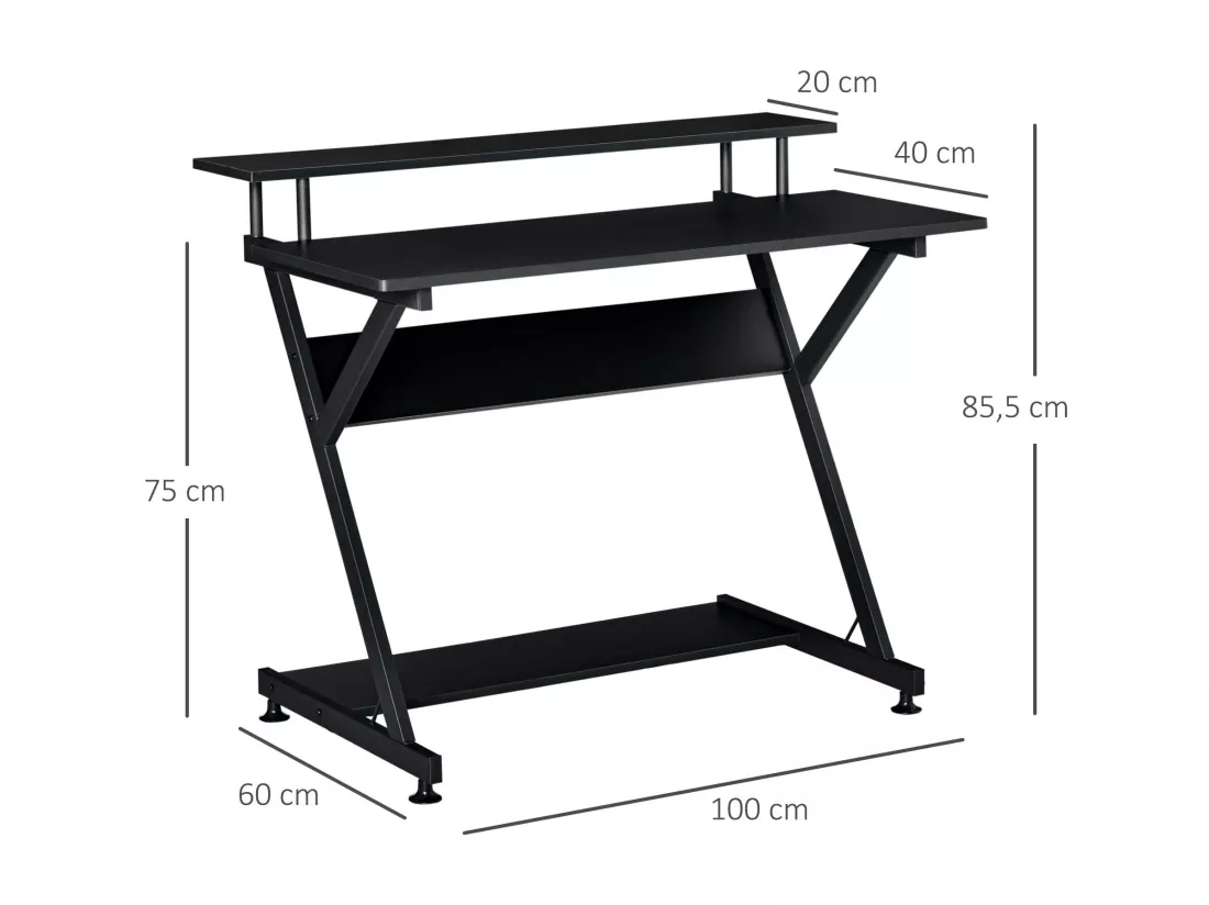 Bureau informatique gamer avec étagères dim. 100L x 60l x 85,5H cm MDF métal noir