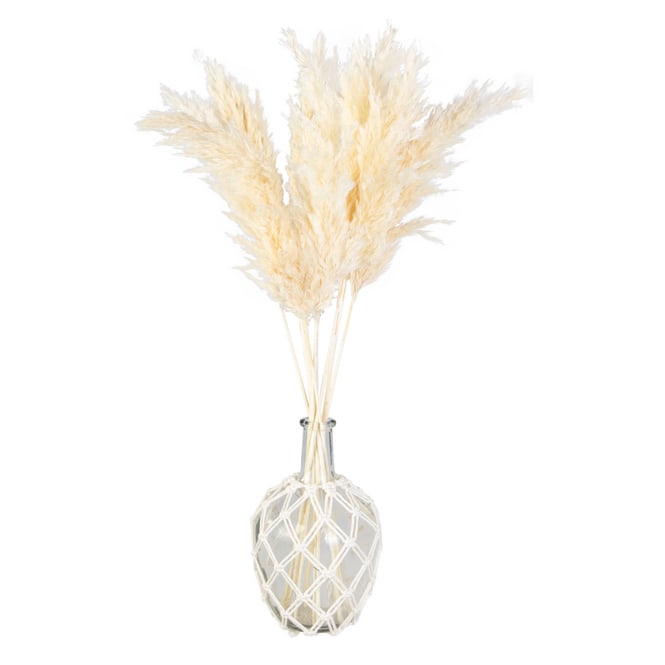 Vase in Flaschenform - mit Makrameenetz - aus Glas und Textil - ca. 16 x 26 cm