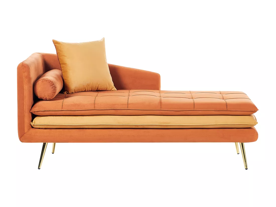 Chaise longue côté droite en velours orange et pieds dorés GONESSE