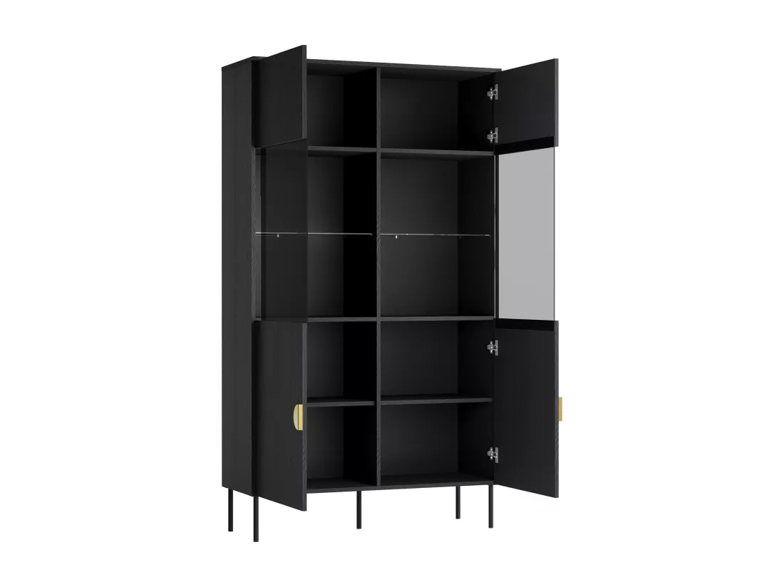 Vitrine 2 portes et 4 niches avec LEDs - Noir et doré - NATANIEL