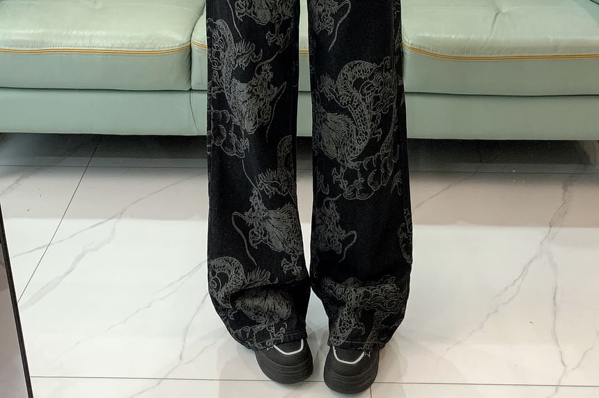 Porstina - Mid Waist Dragon Print Washed Wide Leg Jeans