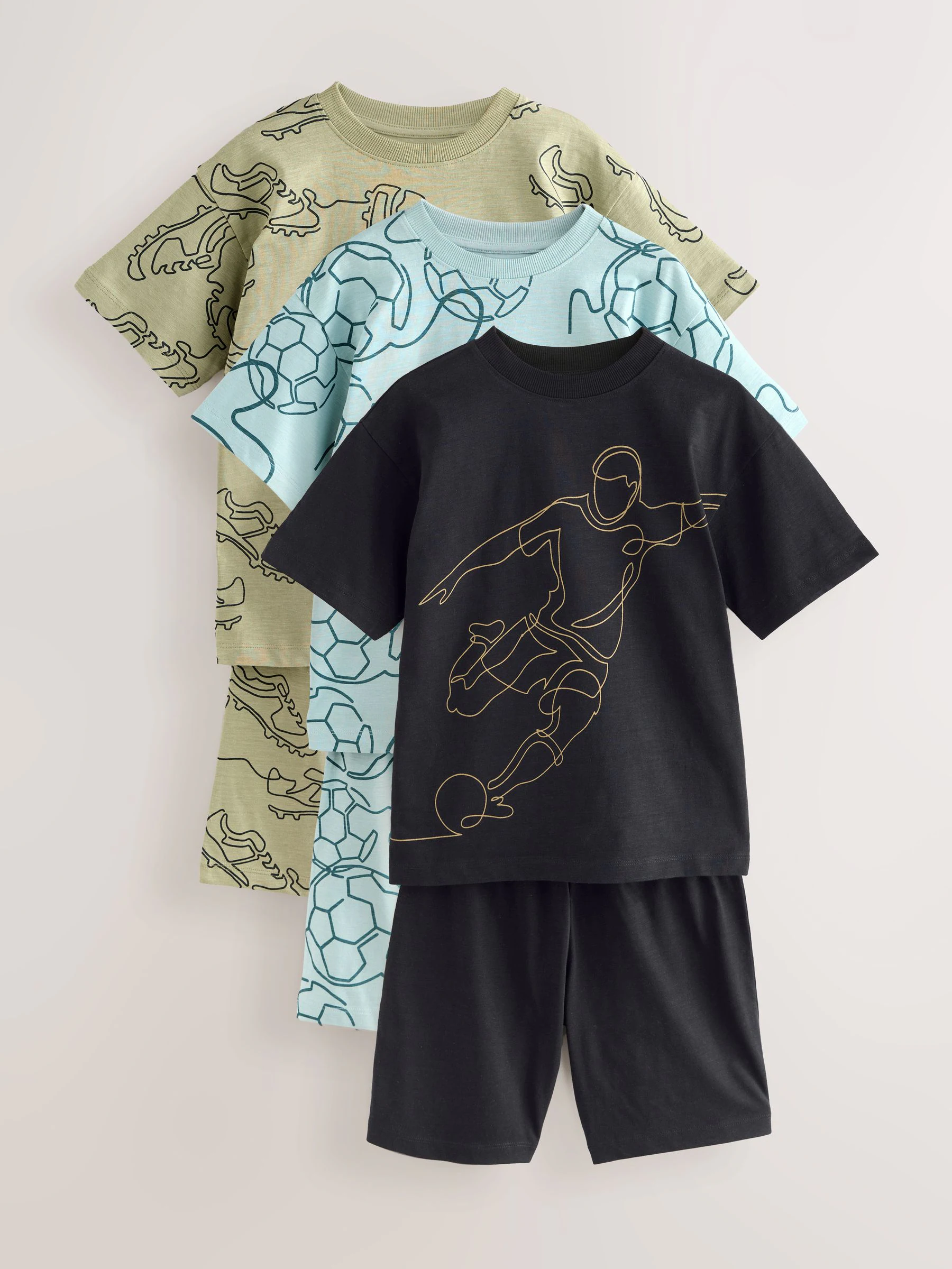 Blauwe/Zwarte/Groene voetbal - Set van 3 pyjama's met short (3-16 jr)