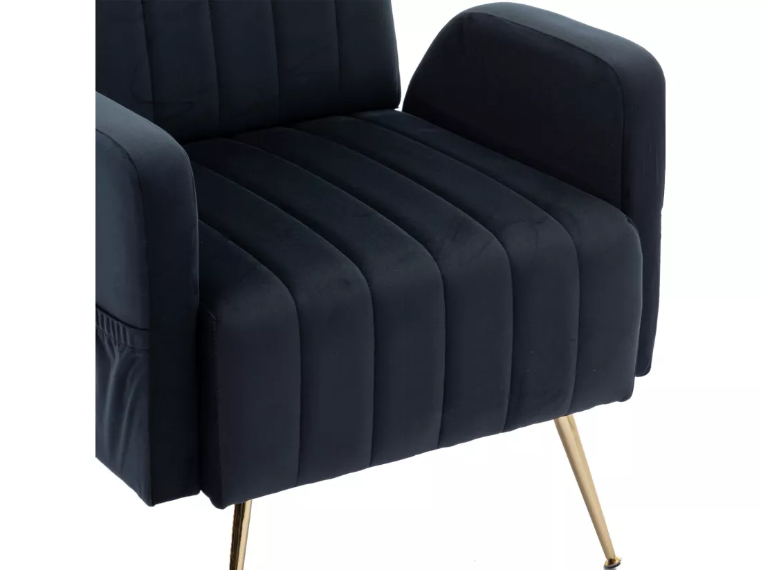 Fauteuil cabriolet en velours noir, avec poches latérales, pieds en métal, charge max 90kg, 69x72x93cm