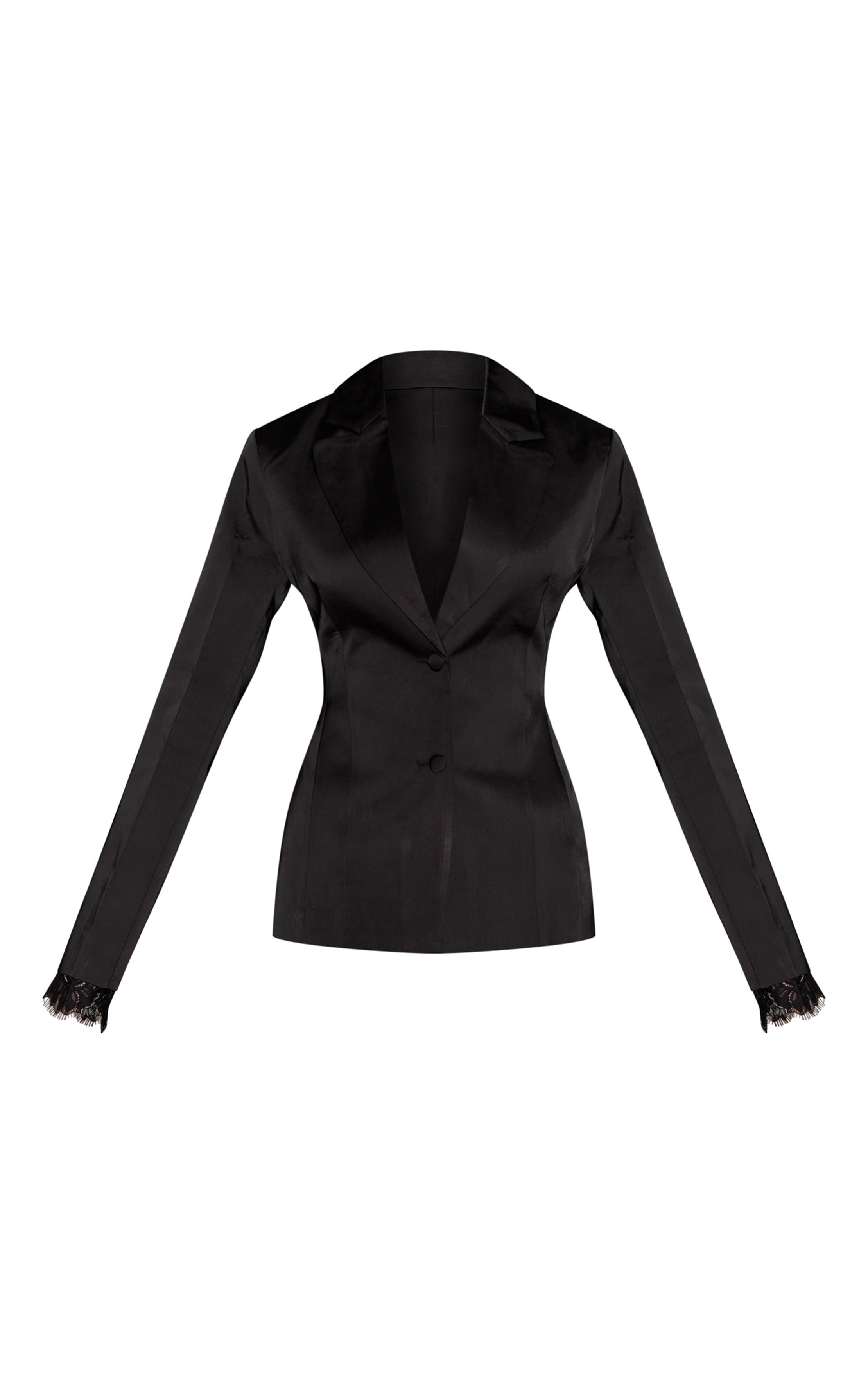 Noir Blazer Structuré En Satin Avec Détails En Dentelle