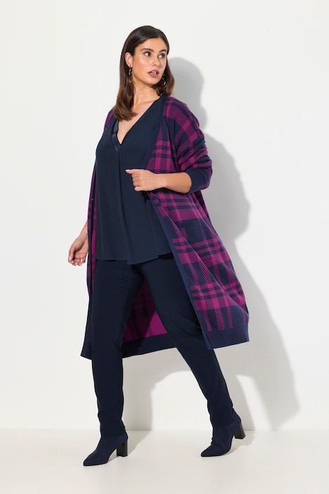 Strickjacke, Karo, Oversized, offene Form