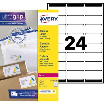 Avery - 960 Étiquettes adresse blanches - 63,5 x 33,9 mm - Impression laser - réf L7159-40