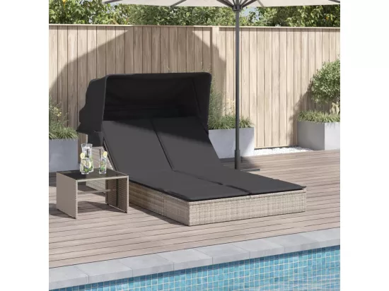 Chaise longue double avec auvent et coussins gris clair rotin