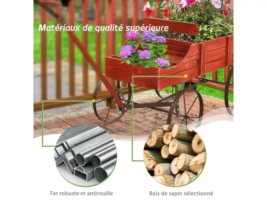 Brouette Décorative en Bois avec 2 Compartiments à Planter Roues Métalliques Poignée Charge 15kg pour Cour（Rouge)