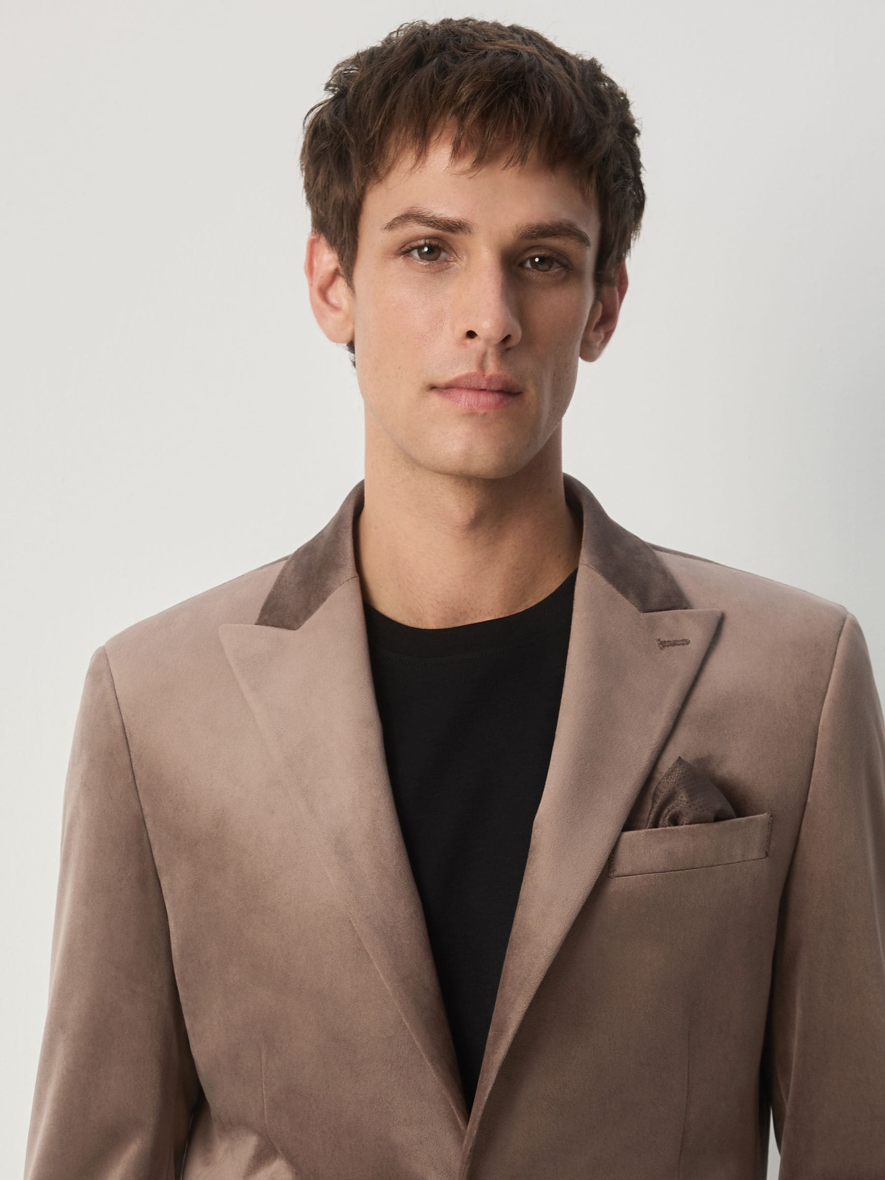 Taupe - Slim Fit - Velvet blazer met zelfrevers