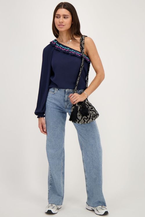 Donkerblauwe one-shoulder top met multikleur embroidery