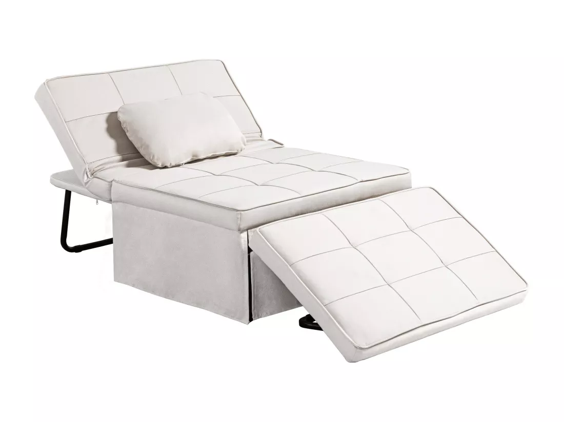 Fauteuil chauffeuse chaise longue pouf 3 en 1 dossier inclinable 5 niveaux repose-pied rabattable châssis métal noir lin crème