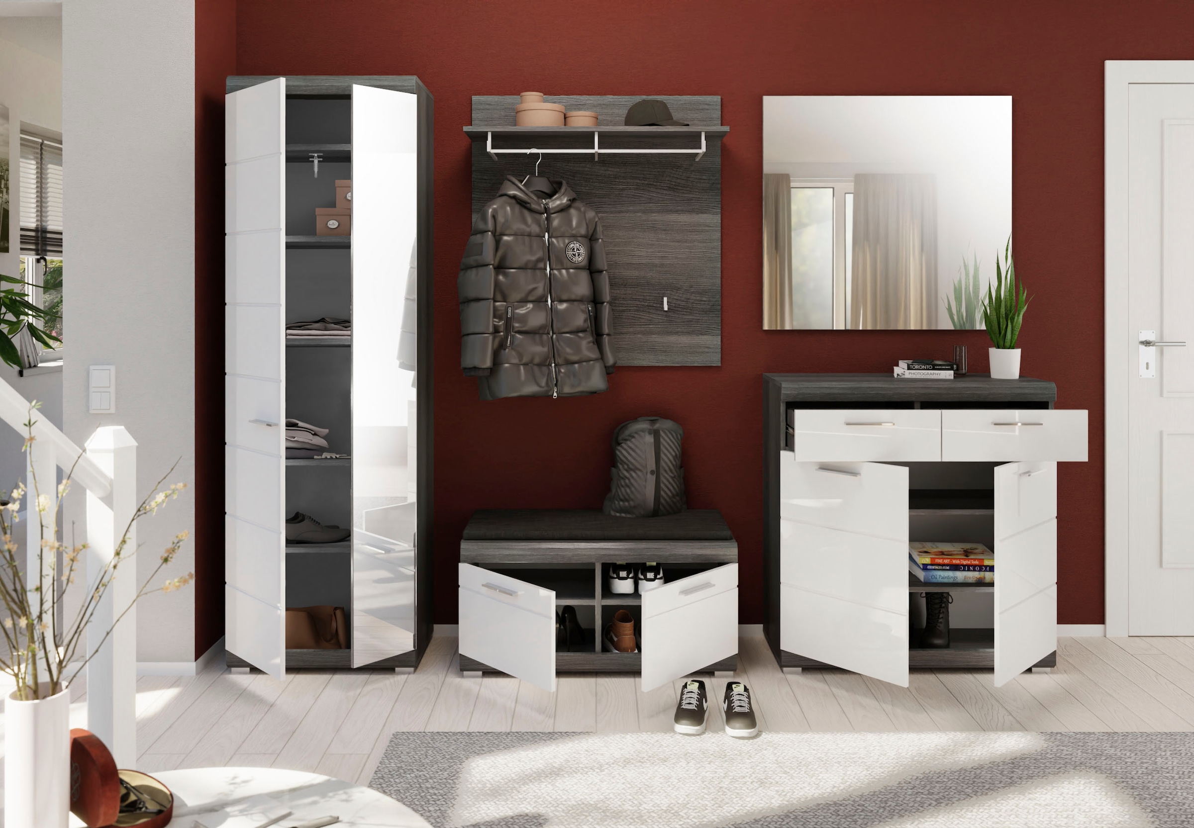 INOSIGN Sitzbank »SIENA, Breite 90 cm, 2 Türen, 2 Einlegeböden, 4 Fächer« hochwertige Rillenfräsung in MDF Front, 1 Stk. tlg. Garderobenbank, Dielenbank, Bank, Flurbank, Kommode