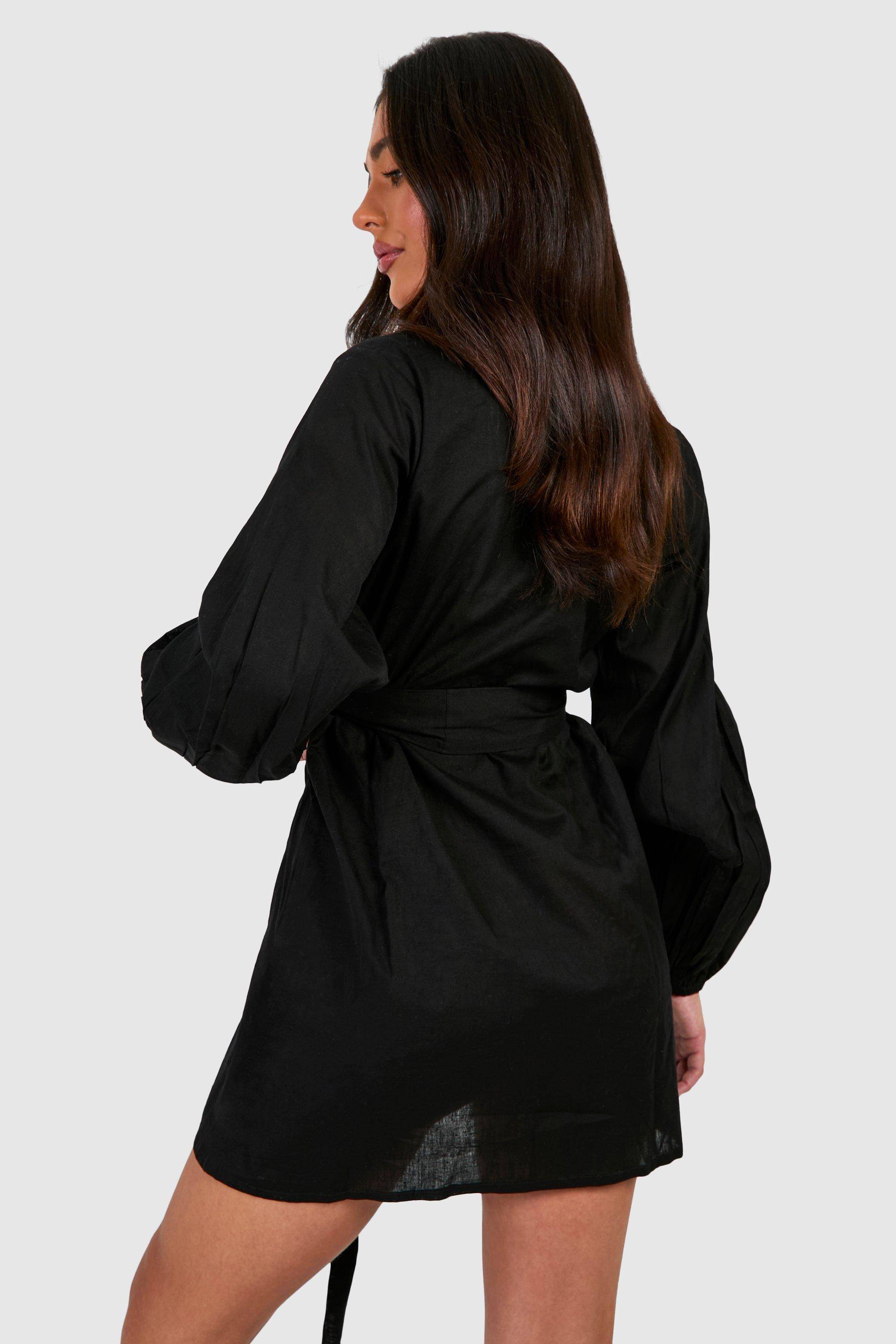 boohoo Petite robe chemise à ceinture effet lin