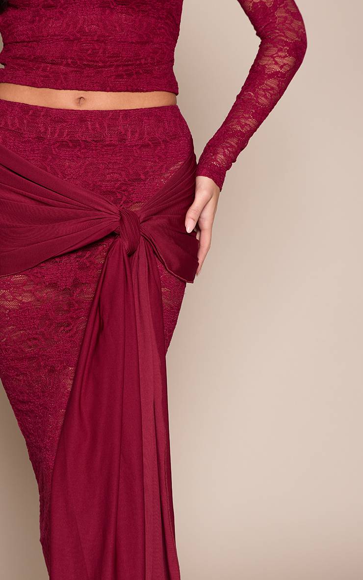 Rouge Vin Jupe Longue Drapée En Dentelle Slinky