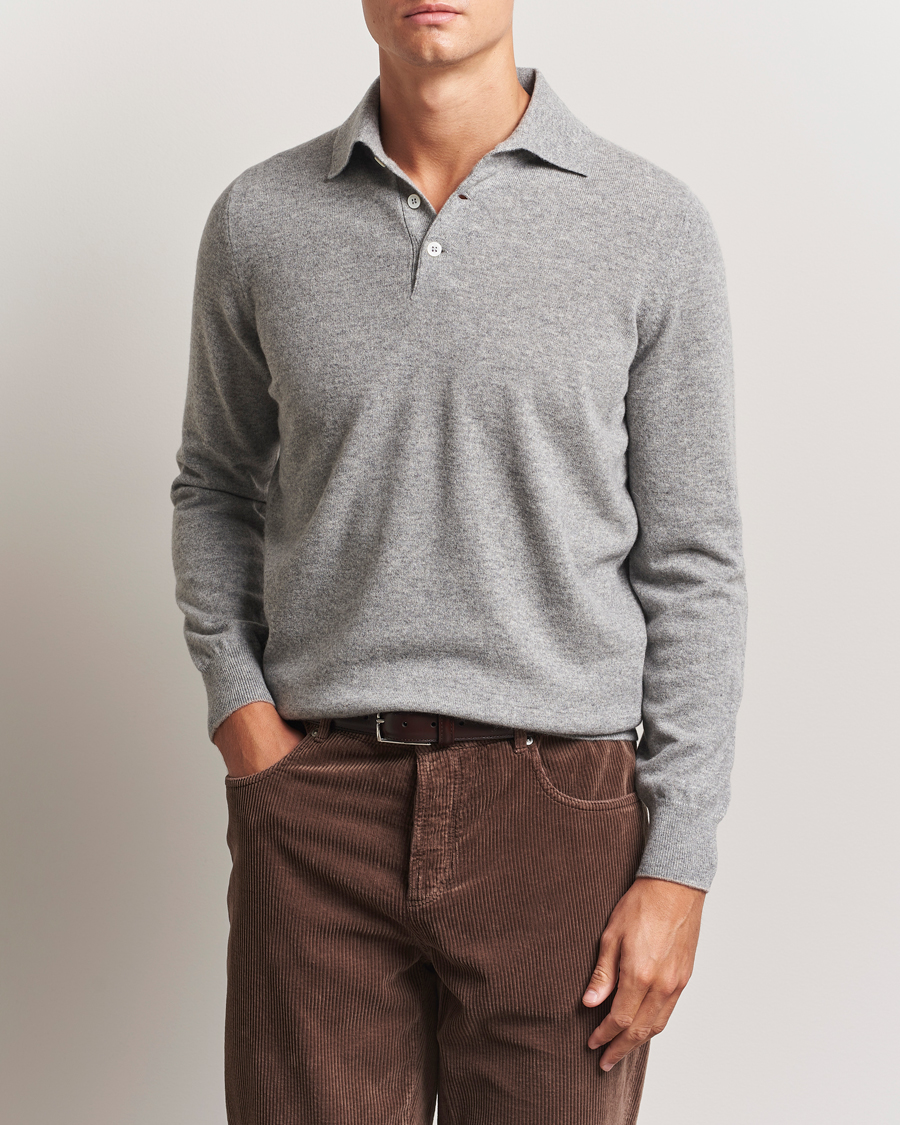 Brunello Cucinelli 2 Ply Cashmere Long Sleeve Polo Grey Melange