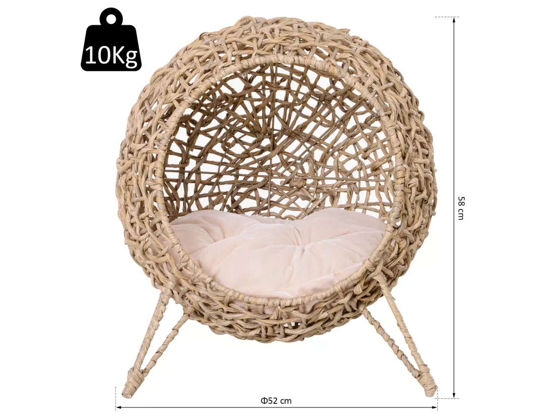 PawHut Panier chat lit chat cosy grand confort dim. Ø 52 x 58H cm coussin moelleux inclus résine tressée imitation rotin beige