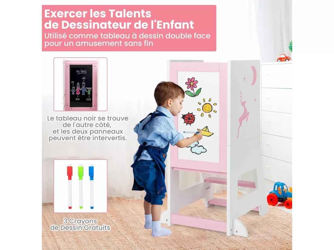 Tour d'apprentissage Enfant avec Hauteur Réglable & Tableau, Tour d'Observation Montessori en Bois avec Rail de Sécurité & Pieds Anti-Bascule, Charge 70kg pour Enfant de 1-7 Ans (Rose)