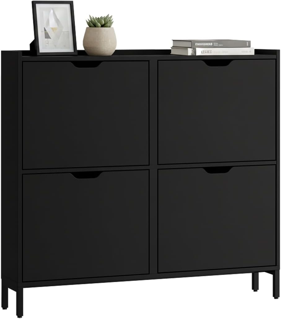 Bellamio Ceyhan Schuhschrank mit 4 Klappen – Schuhkipper schwarz aus Holz – Schuhregal schmal 100x19x90cm – platzsparend Flurschrank mit 4 geschlossenen Fächern – Schuhkommode für Flur/Garderobe
