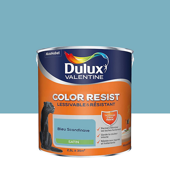 Peinture murs et boiseries Color Resist Dulux Valentine satin bleu scandinave 2,5L