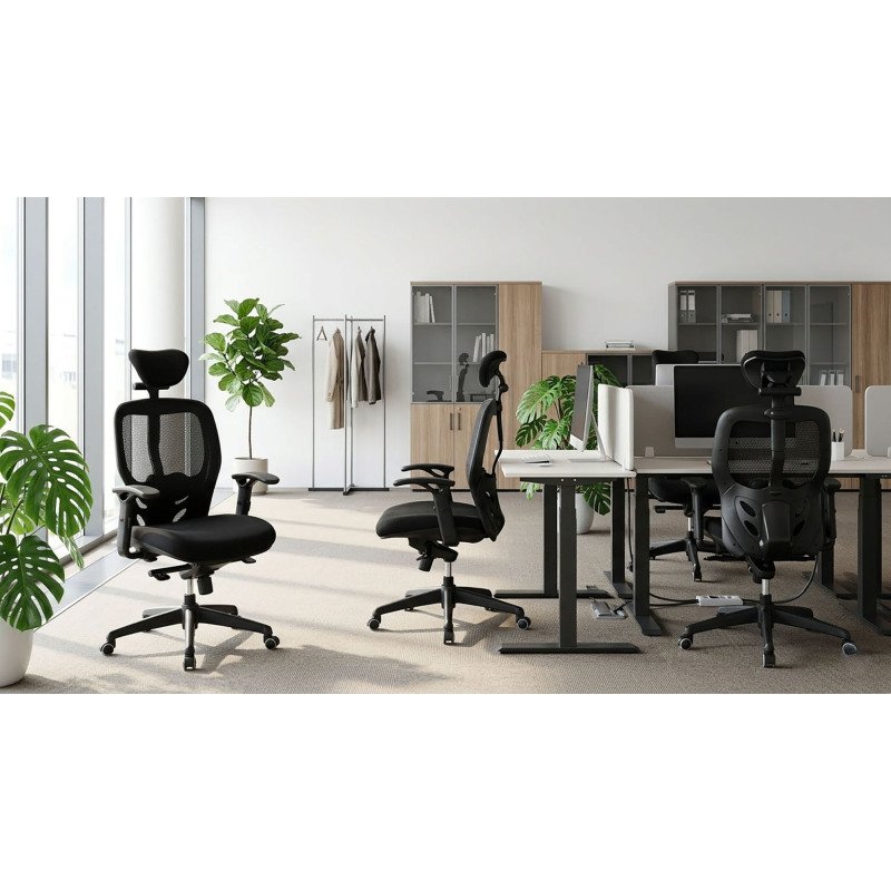 Chaise de bureau ergonomique Mikado tissu et maille noir - dossier haut accoudoirs appui-tête soutien lombaire - mécanisme Synchrone - pieds noir