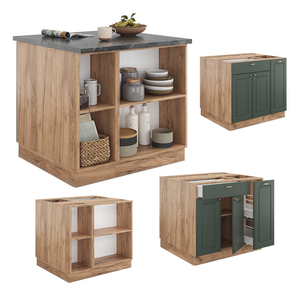 Vicco Kücheninsel Küchenblock Einbauküche Fame-Line Landhaus Eiche Grün 90 cm Gold Küchen Schränke Apothekerunterschrank Schubunterschrank Regalinselunterschrank Softclose-Scharnier Küchenmöbel