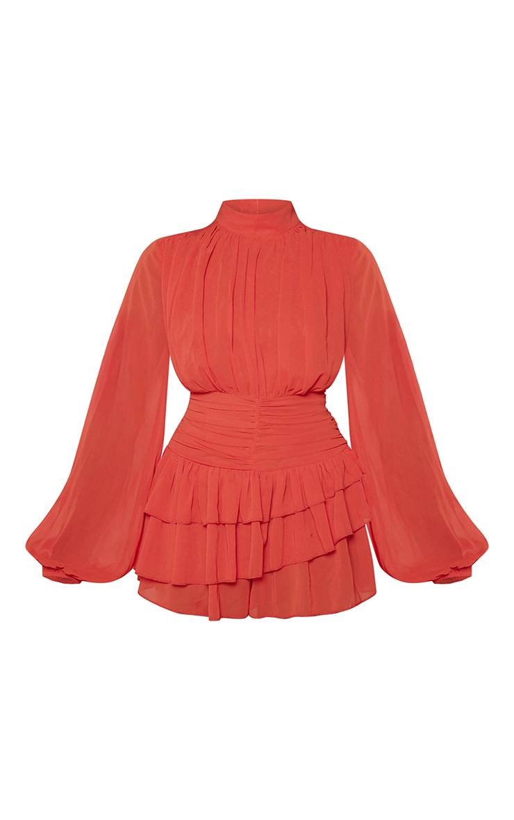 Orange Brûlé Combi-short En Mousseline À Col Montant Et Manches Longues Avec Volants