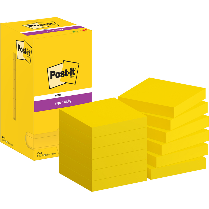 Post-it Haftnotizen Super Sticky, gelb, 76 x 76 mm, 12 x 90 Blatt