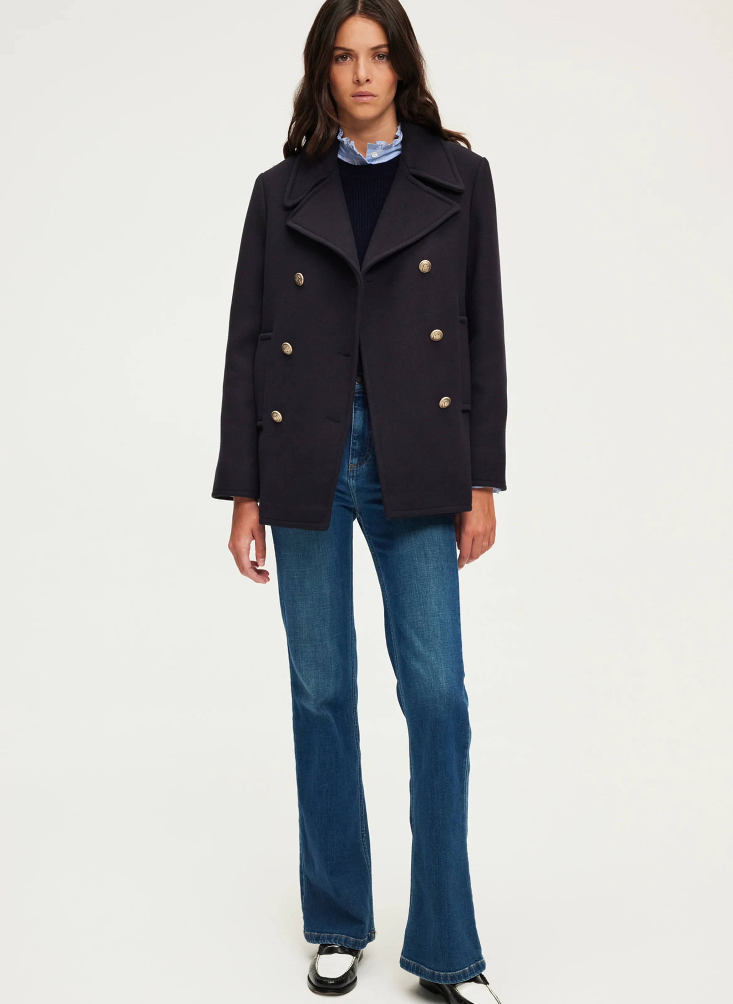 LILAS - Manteau col tailleur en laine mélangée | Bleu