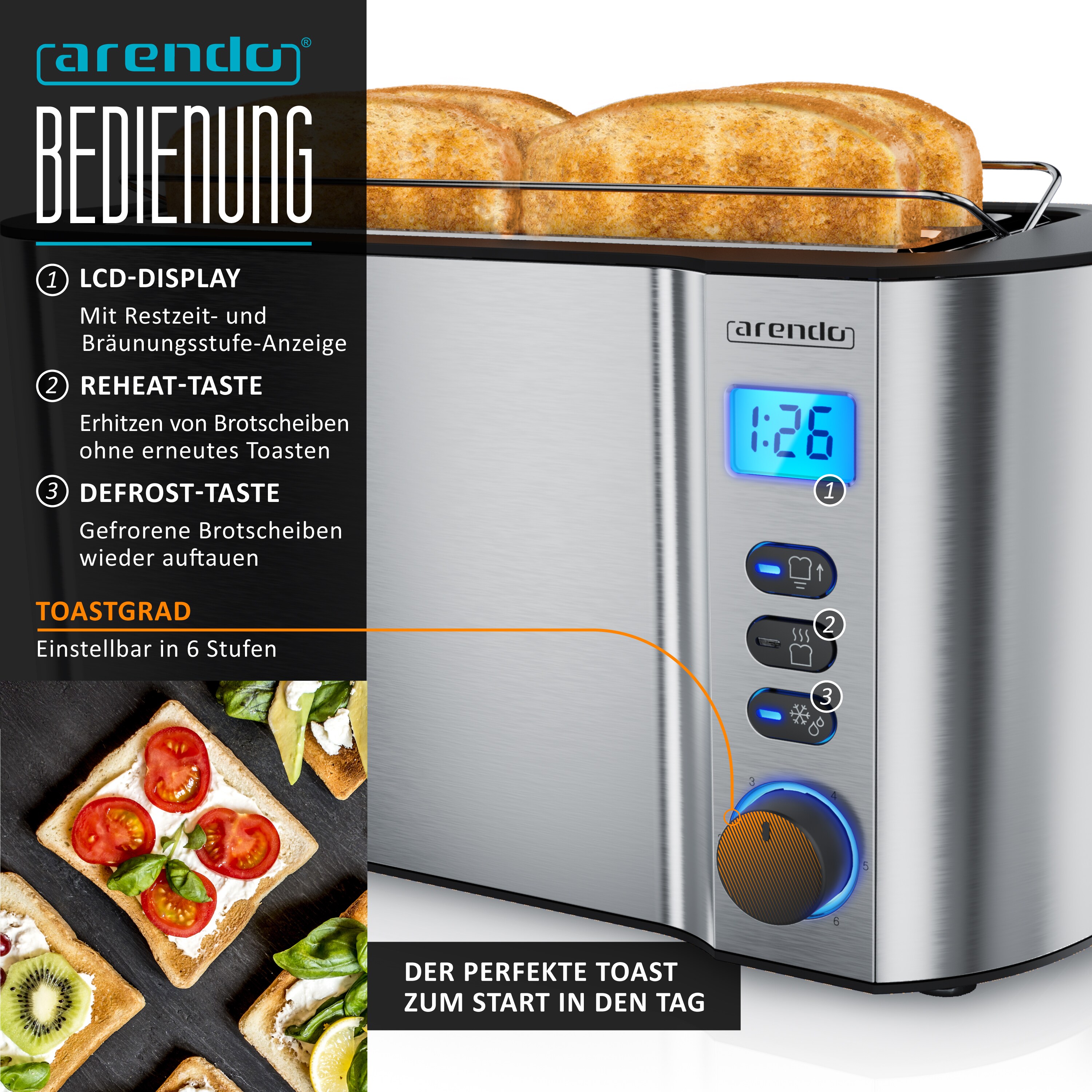 Arendo Frühstücks-Set, 8er Eierkocher EIGHTCOOK, Wasserkocher 1,5l, 4-Scheiben Toaster Langschlitz, Silber
