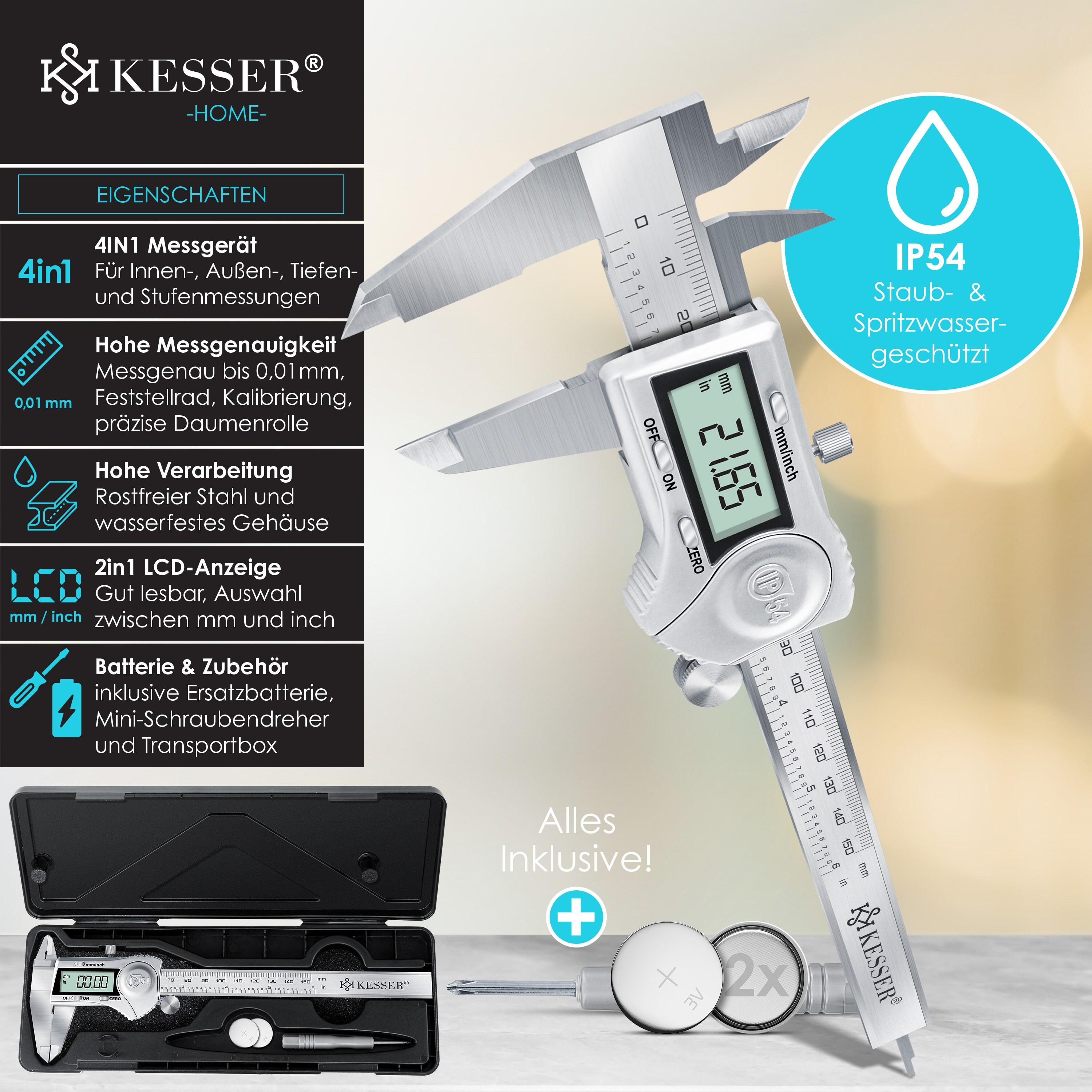 KESSER® Digital Messschieber Edelstahl 150mm LCD Display Inkl. Aufbewahrungsbox Ersatzbatterie Schieblehre Messlehre für Innen-, Außen feinste Abstände und Durchmesser IP54 Spritzwasserdicht