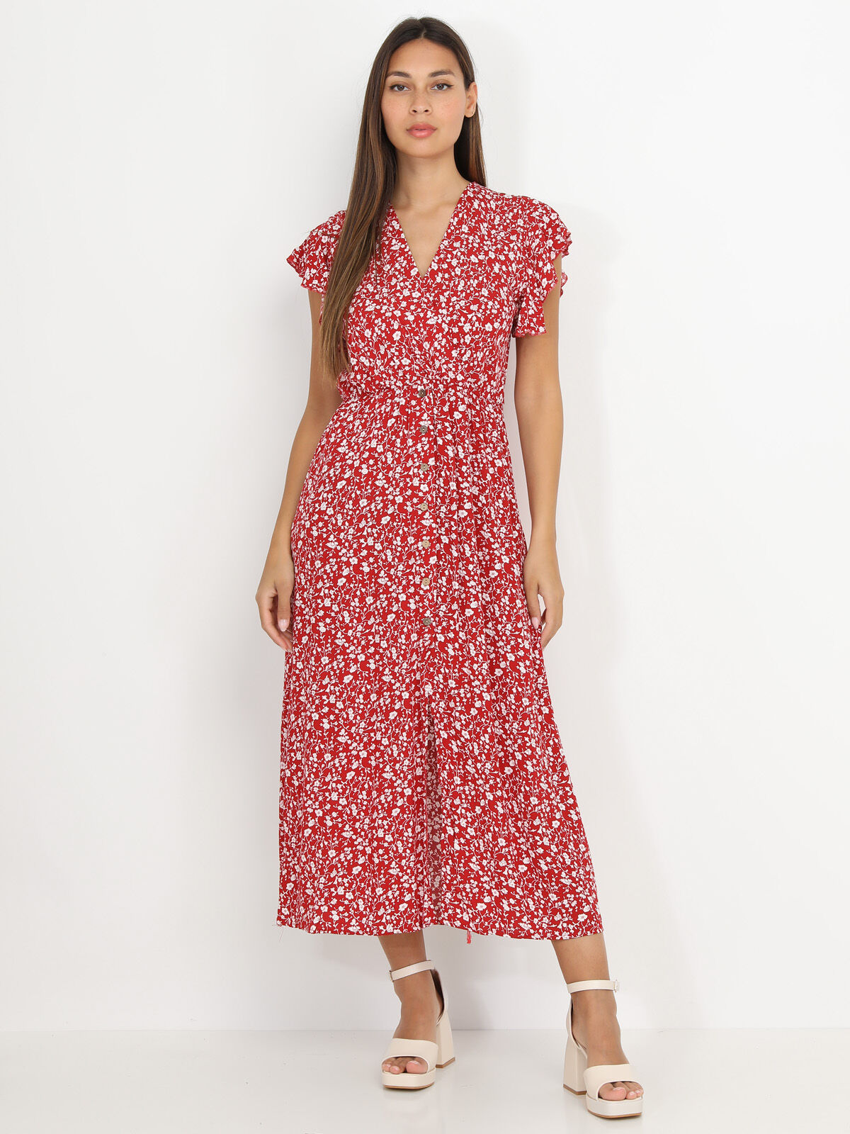 Robe longue fendue à fleurs et volants- Rouge