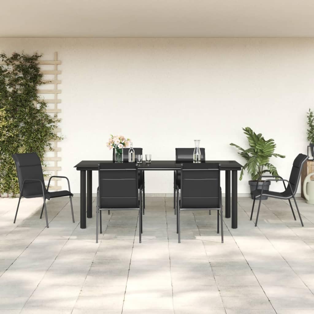 7-TLG. Garten-Essgruppe Schwarz, Stahl und Textilene, 200x100cm Tisch mit 6 Stühlen, robust für Terrasse, Balkon, Outdoor Patio Möbel Set