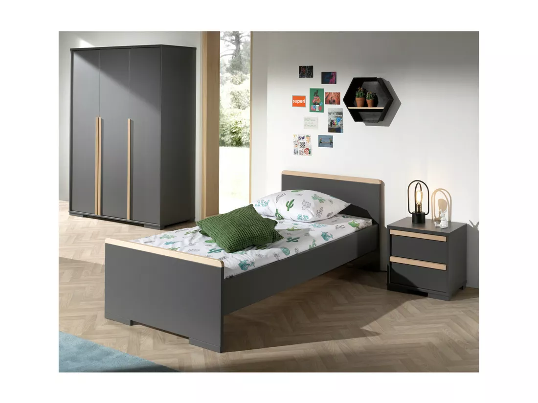 NASH DARK - Lit 90x200cm + Chevet + Armoire 3 Portes