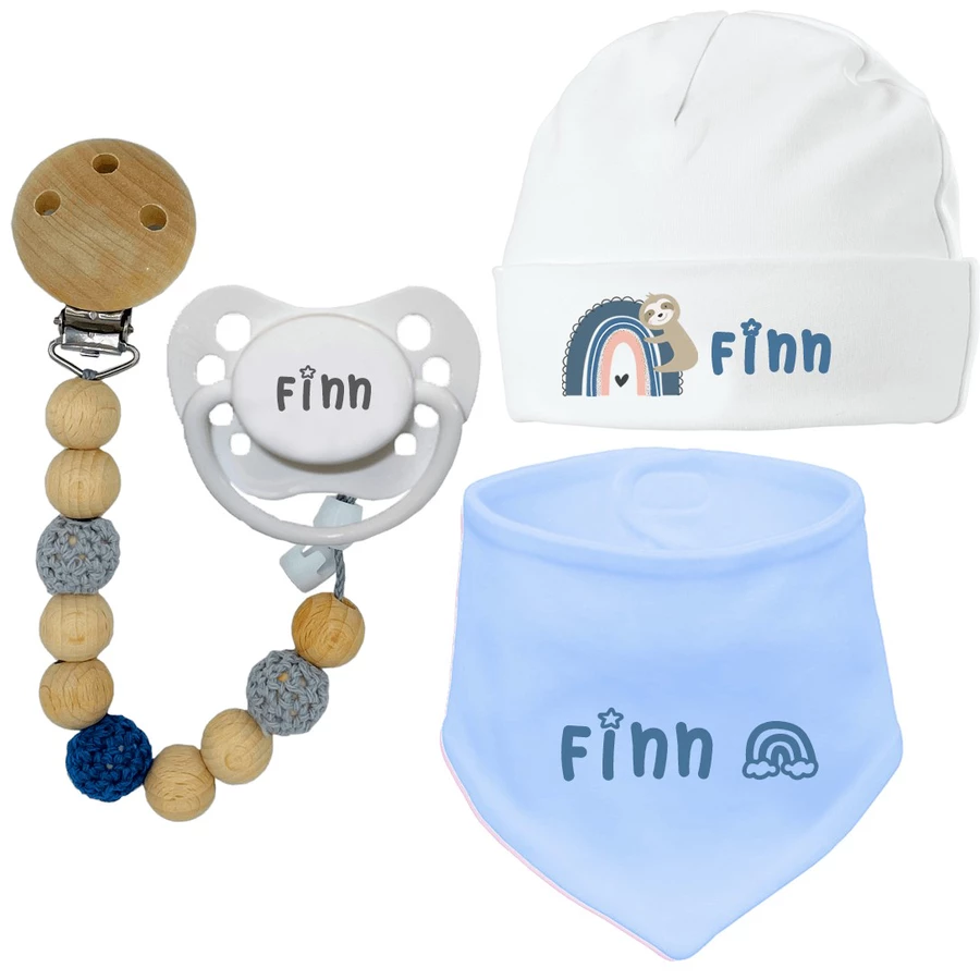 Schnullireich Geschenkset mit Namen zur Geburt Blue Rainbow 4-Tlg. Blau