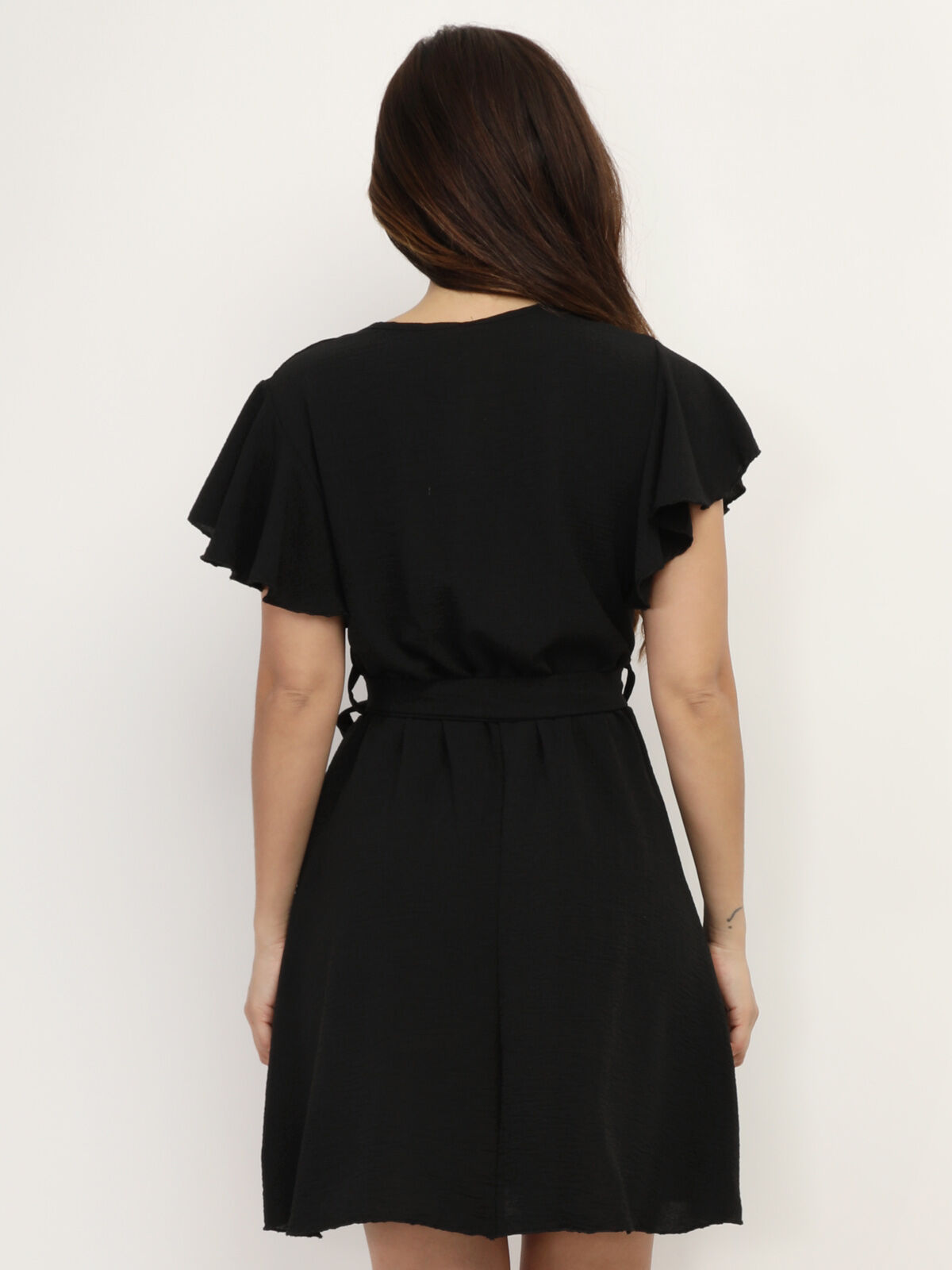 Robe cache-cœur ceinturée à volants- Noir