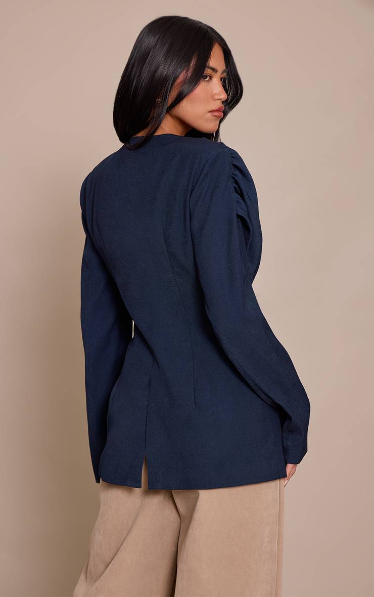 Bleu Marine Blazer Cintré À Drapé D'épaule