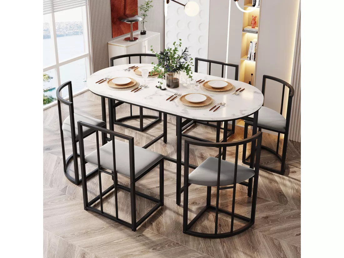 Ensemble table et 6 chaises - chaises avec coussin d'assise et dossier - noir