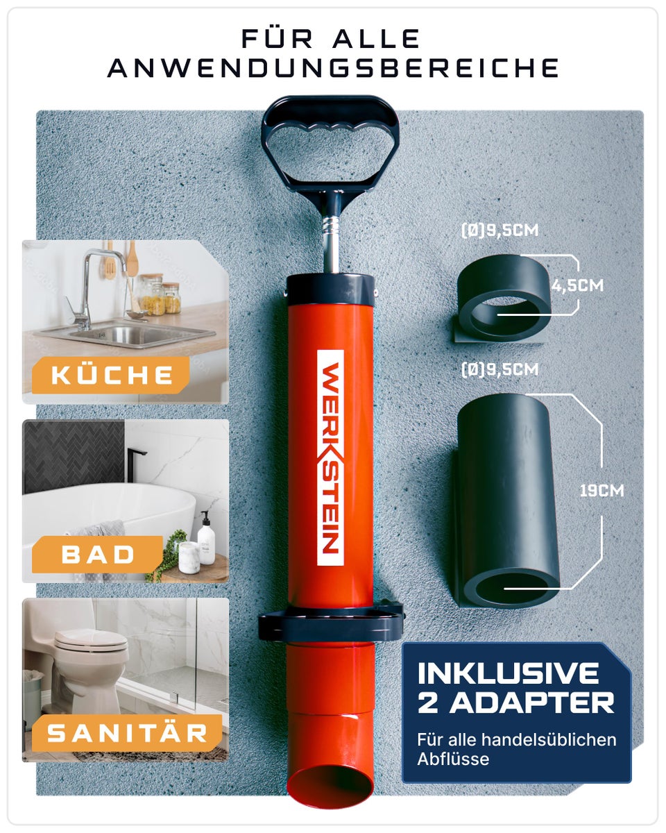 WERKSTEIN Rioolreinigingspomp | Hogedrukrioolreiniger voor snelle en effectieve reiniging van leidingen in badkamers, keukens en toiletten | Gemaakt in Duitsland | Rioolreiniger, Rioolreinigingspomp, Persluchtrioolreiniger