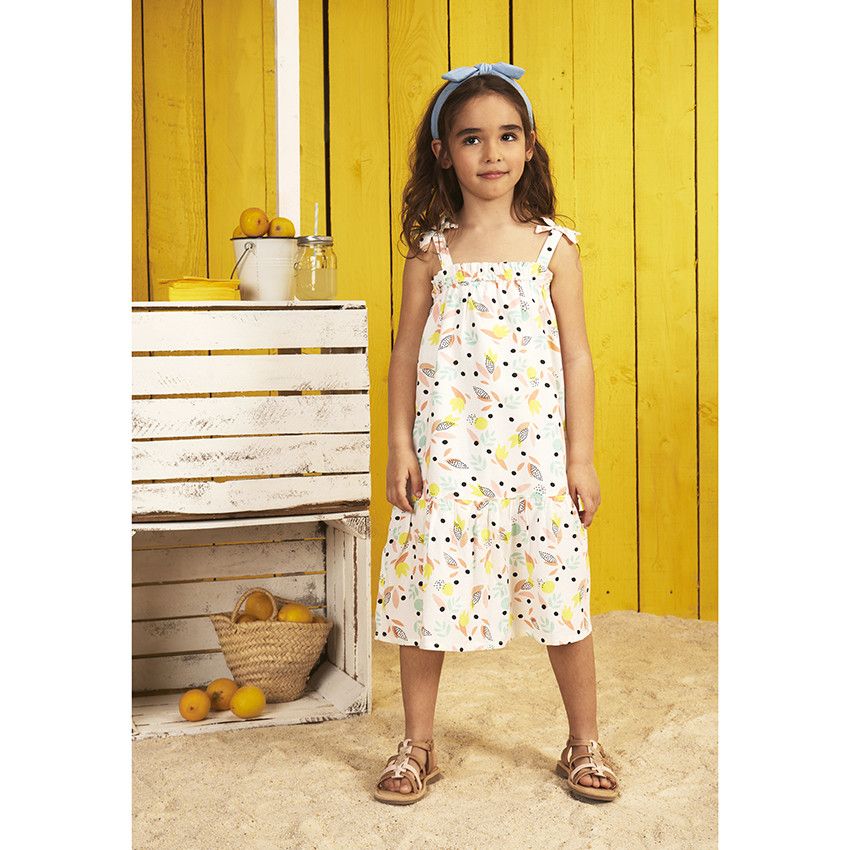 Robe longue à bretelles imprimé feuilles pour fille - Blanc