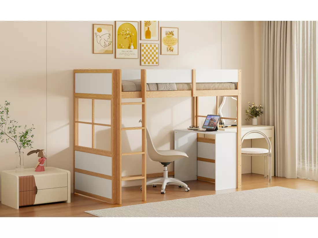 Lit mezzanine 90 x 200 cm avec avec bureau & échelle - bois MDF - blanc + naturel (sans matelas)