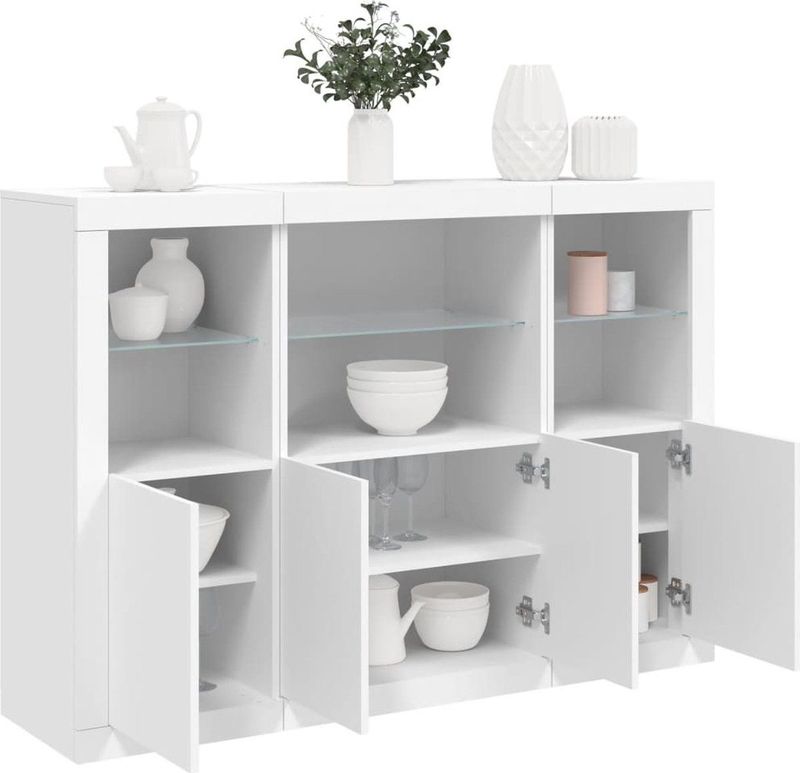 vidaXL - Dressoirs - Wit - Bewerkt Hout - 3 Stuks - Met LED-Verlichting