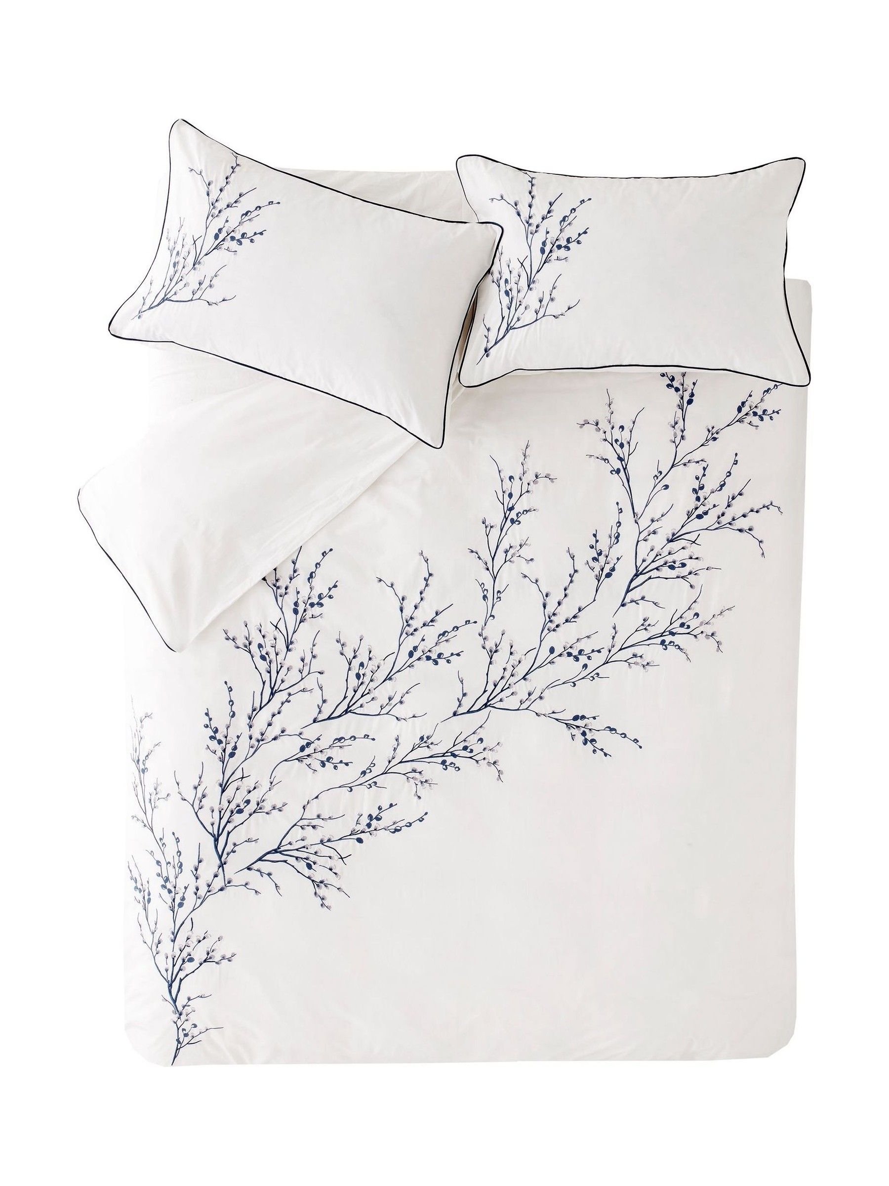 Laura Ashley 100% katoen perkal 200 draadtelling Pussy Willow Sprig geborduurd dekbedovertrek en kussensloopset