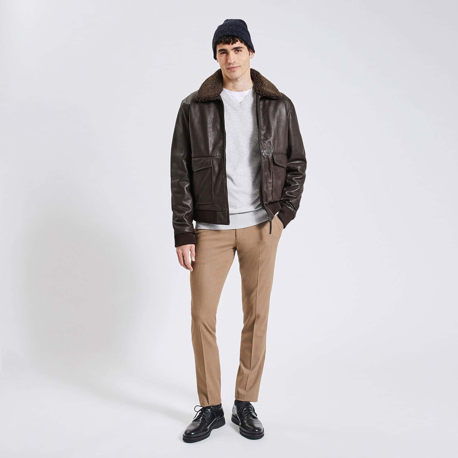 Blouson en cuir col moutonné amovible Marron