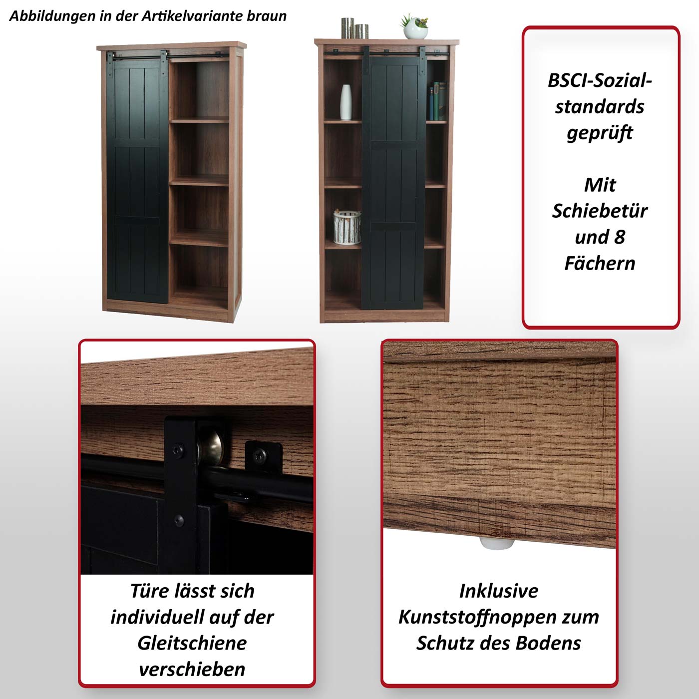 Schrank MCW-K75, Kommode Highboard, Schiebetüre 8 Staufächer, Holz-Optik Industrial Metall 163x76x38cm ~ naturfarben