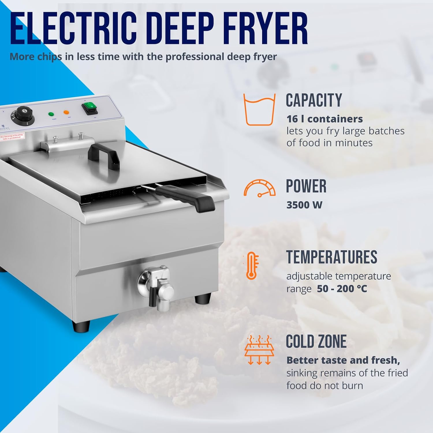 Royal Catering Elektrische Fritteuse für Restaurant, einfach, mit professionellem Wasserhahn RCEF 16EB (3500 W, 16 l, Temperatur max. 200 °C, Kaltzone, Ablaufhahn)