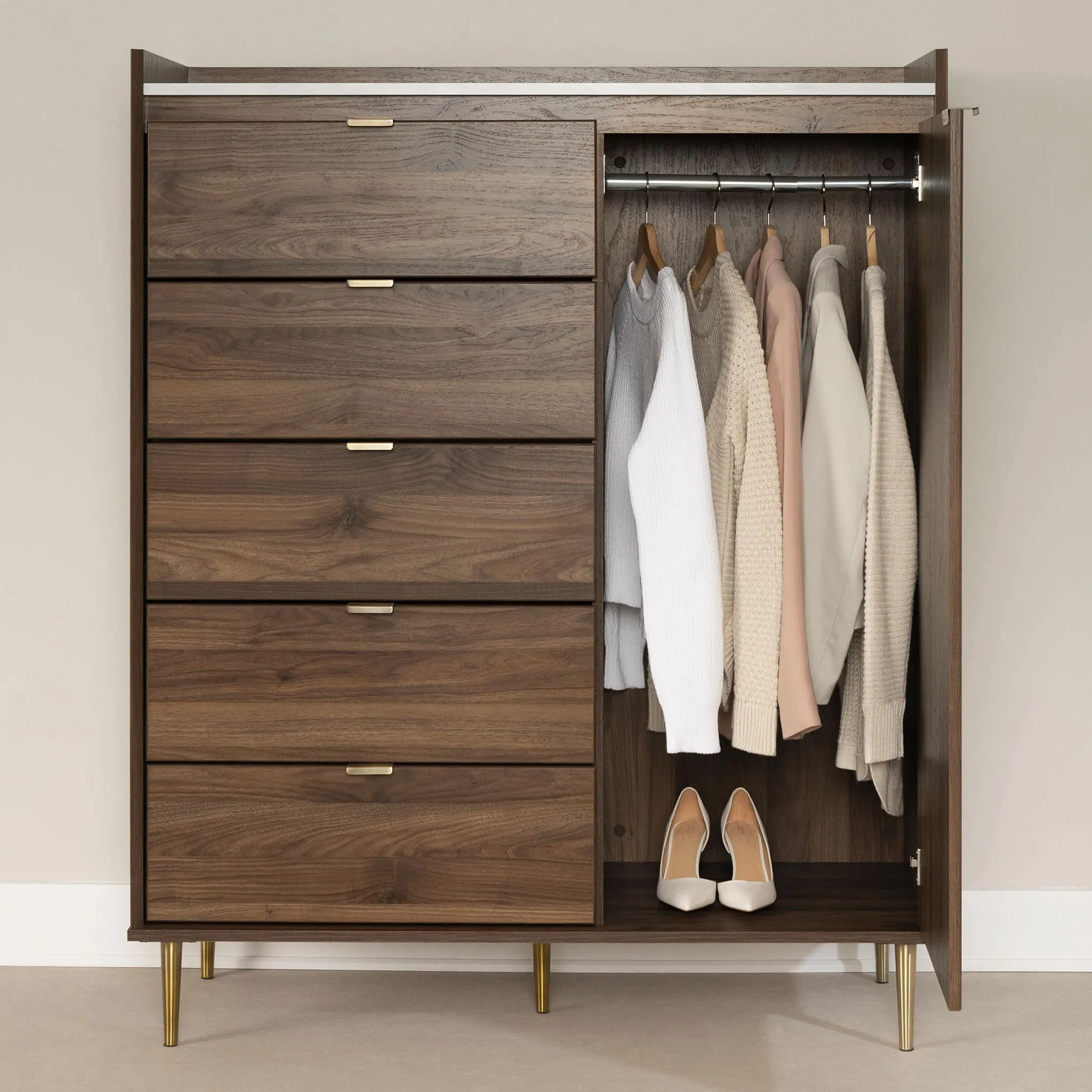 South Shore Commode à porte 5 Tiroirs - Hype Noyer naturel et Marbre carrara