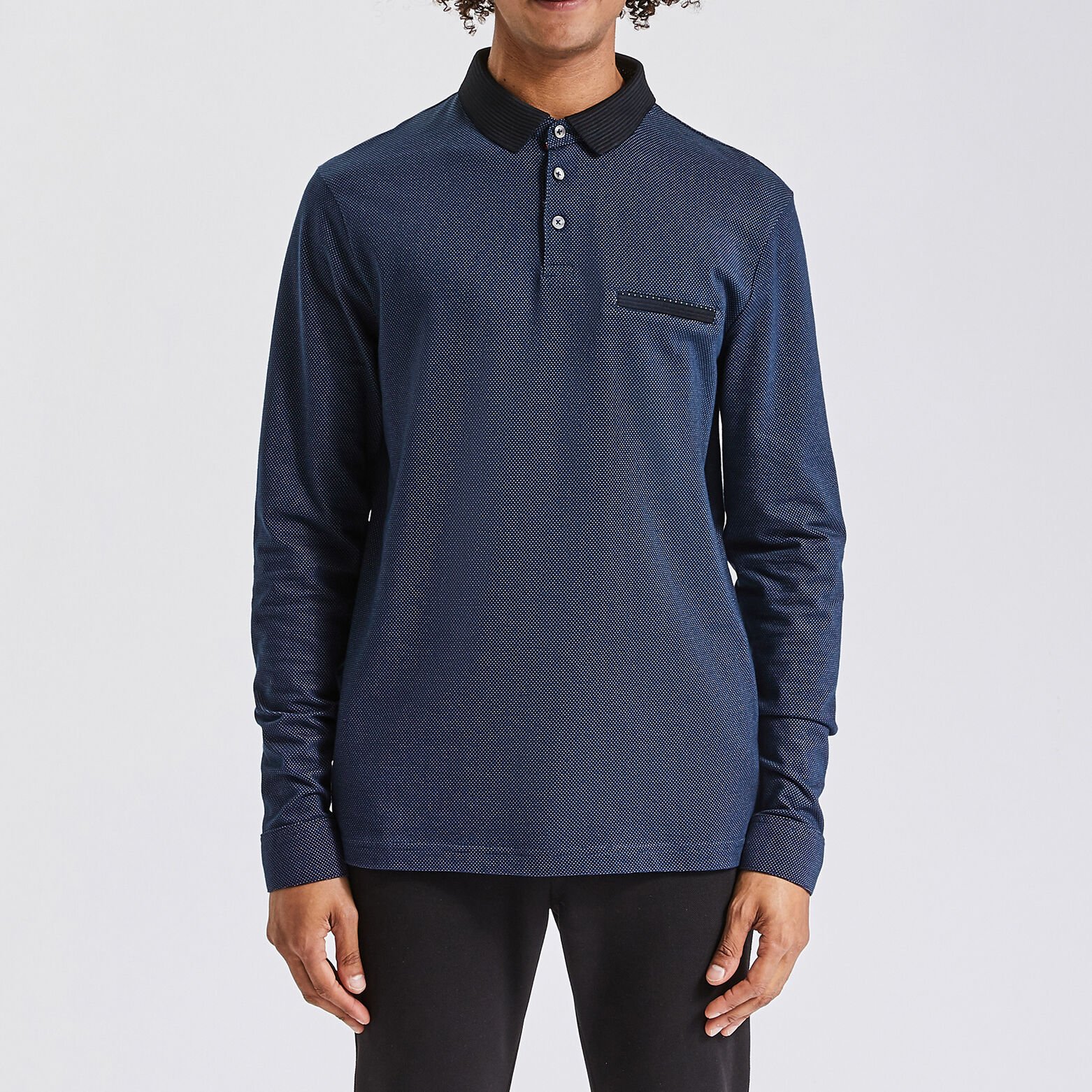 Polo manches longues jacquard col fantaisie Bleu foncé
