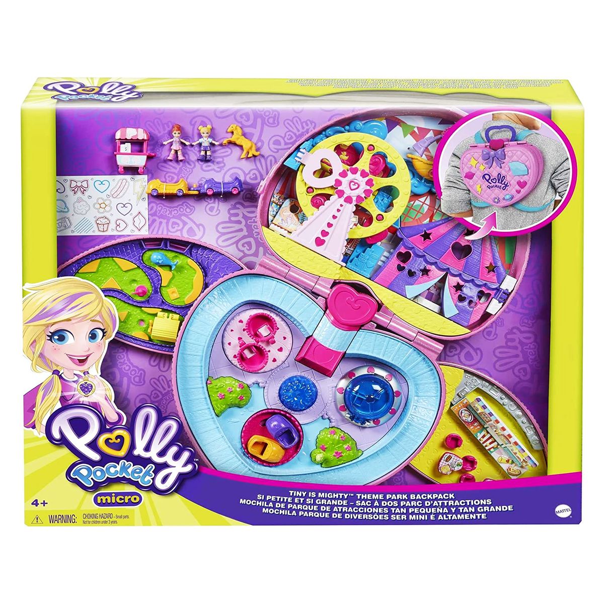 Mattel GKL60 - Polly Pocket - Micro - Freizeitpark Rucksack, Spielset mit Figuren und Zubehör